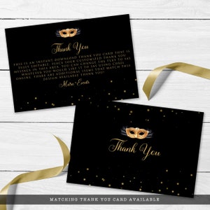 May include: Black and gold thank you card with a gold masquerade mask and gold glitter. The text on the card says "Thank You".