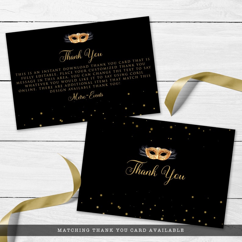 May include: Black and gold thank you card with a gold masquerade mask and gold glitter. The text on the card says "Thank You".