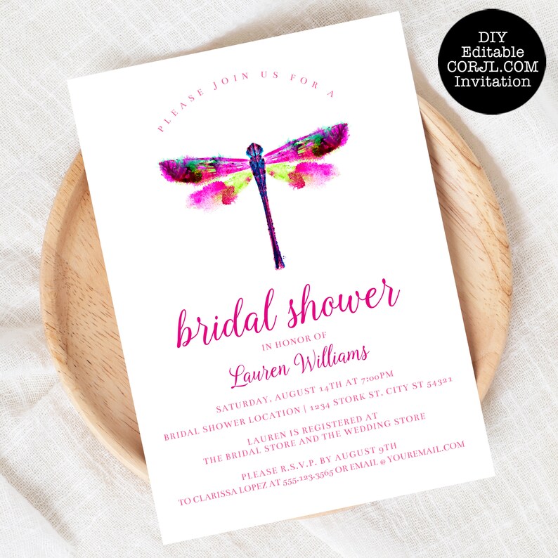 Editable Dragonfly Bridal Shower Invitations Printable Bridal Etsy