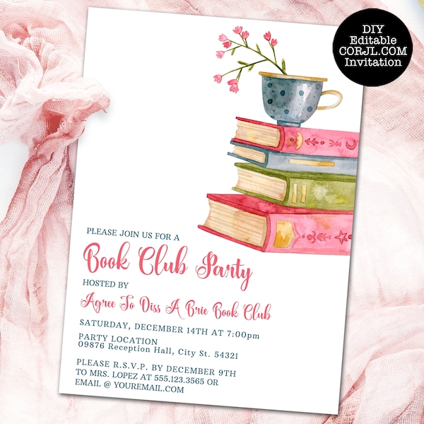 Vintage Book Club Invitation, Book Party Invitation, Floral Book Invitation, Printable Invitation, Instant Download, Editable Invitations