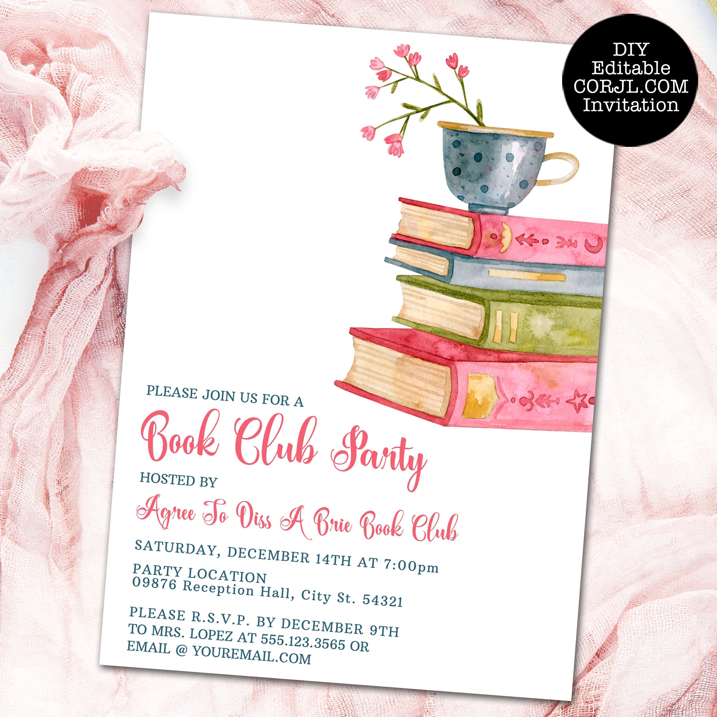 vintage-book-club-invitation-book-party-invitation-floral-etsy