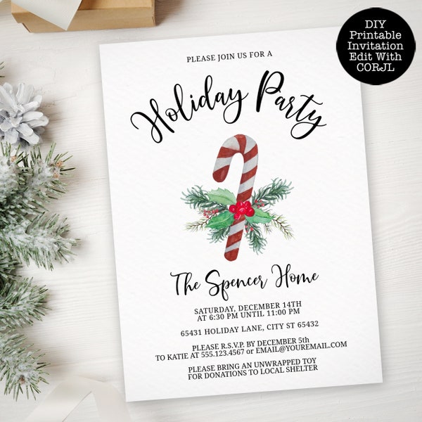 Candy Cane Party Invitation, Printable Template, Edit with CORJL, Printable Invitation, Holiday Party Invitation, Christmas Party Invitation