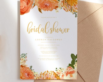 Orange Floral and Gold Bridal Shower Invitations Floral Bridal Shower Invitations Printable Bridal Shower Invitations Corjl Digital Template