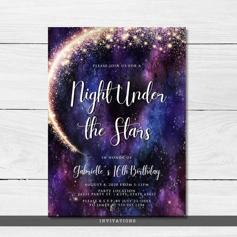 Night under the stars, galaxy-themed invitation. This design is created with a star-filled purple and blue starry sky background with a half-ring of shooting stars training through it. Designed by MetroEvents.