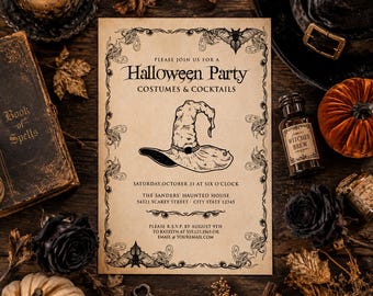 Vintage Halloween Invitation, Witch Hat Halloween Party Invitation, Editable Vintage Label Halloween Invite