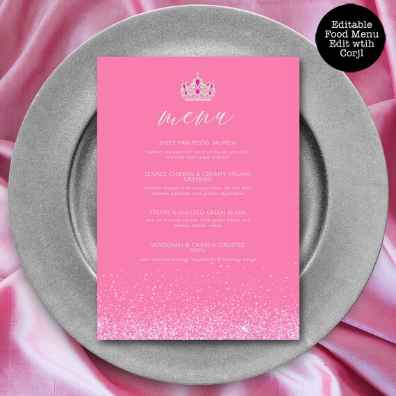 Pink Dinner Menu Custom Menu Pink Glitter Food Menu Dinner Etsy