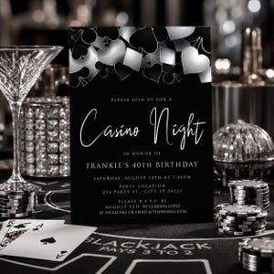 Op de afbeelding: Een zwart-witte Casino Night uitnodigingskaart voor de 40e verjaardag van Frankie. De kaart bevat speelkaartsymbolen aan de bovenkant en tekst met details over de datum, tijd, locatie en RSVP-informatie in een strak, modern lettertype.