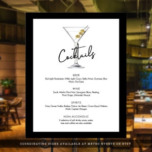 Black and White Cocktail Party Signs. Sleek and fun style invitation designed with a martini glass with olives. Designed By MetroEvents