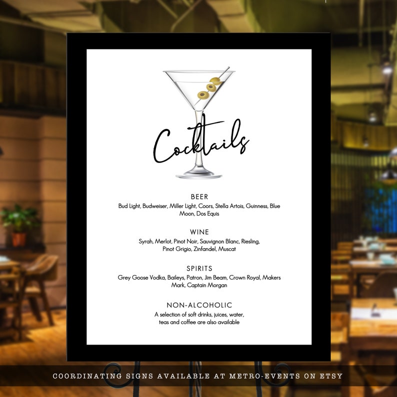 Black and White Cocktail Party Signs. Sleek and fun style invitation designed with a martini glass with olives. Designed By MetroEvents