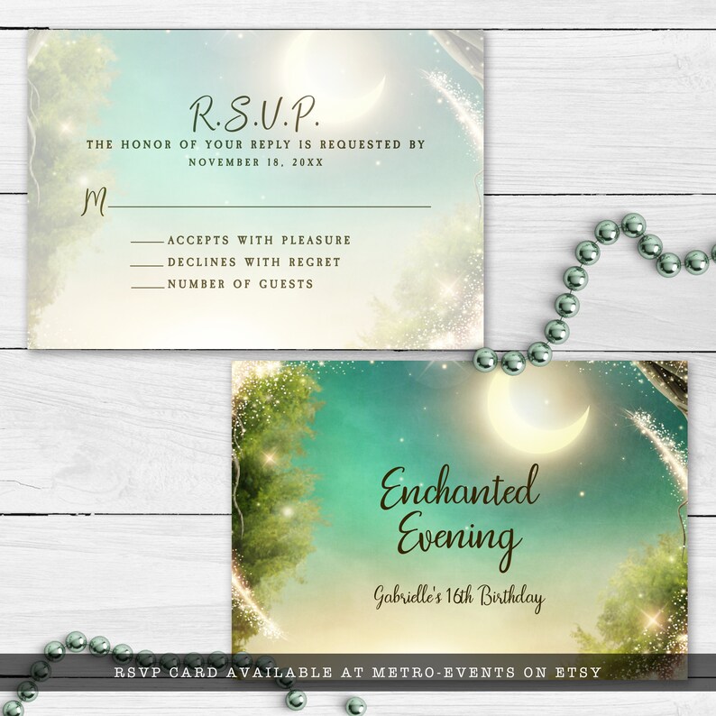 May include: RSVP card for a 16th birthday party with a whimsical forest and moon design. The card has a light blue background with a crescent moon and stars. The text "Enchanted Evening" is written in a brown font. The text "Gabrielle's 16th Birthday" is written in a smaller brown font. The card also includes a RSVP section with the text "R.S.V.P." and a space for guests to indicate their attendance.