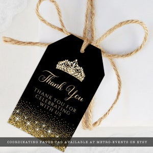 A sparkling-glam party theme, this glitzy favor tags features faux gold glitter with a diamond and gold crown accent on a black background. Designed By MetroEvents.