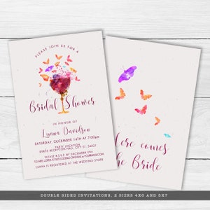 May include: Double-sided bridal shower invitation with a watercolor design featuring a glass of wine and butterflies. The text reads "Please join us for a Bridal Shower in honor of Luana Davidson, Saturday, December 14th at 7:00pm, Party Location 09876 Reception Hall, City St. 54321, Please RSVP by December 9th to Mrs. Lopez at 5551233565 or email youremail.com, Luana is registered at the Wedding Store." The back of the invitation features a watercolor butterfly design with the text "Here comes the Bride."