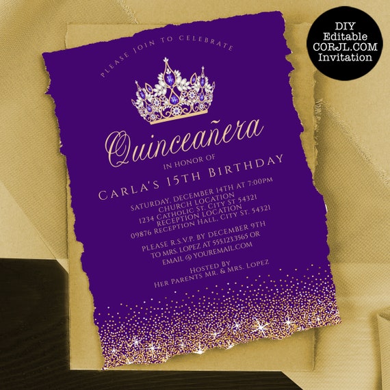 Gold and Purple Glitter Quinceanera Invitations, Quinceanera