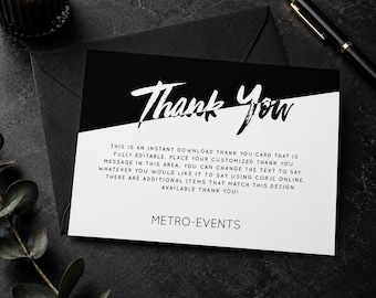 Modern Black White Thank You Card Template, Editable Thank You Card, Printable Thank You Note, Minimalist Wedding Thank You Card