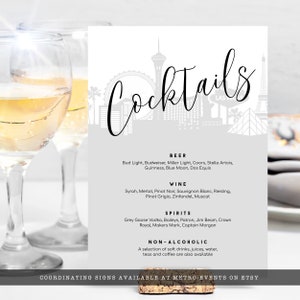 Vegas Baby! This black-and-white bar menu is created with a silhouette of the Las Vegas Skyline. Perfect for your Vegas vacation. Designed By MetroEvents.