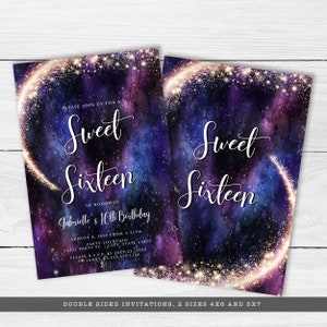 Night under the stars, galaxy-themed invitation. This design is created with a star-filled purple and blue starry sky background with a half-ring of shooting stars training through it. Designed by MetroEvents.