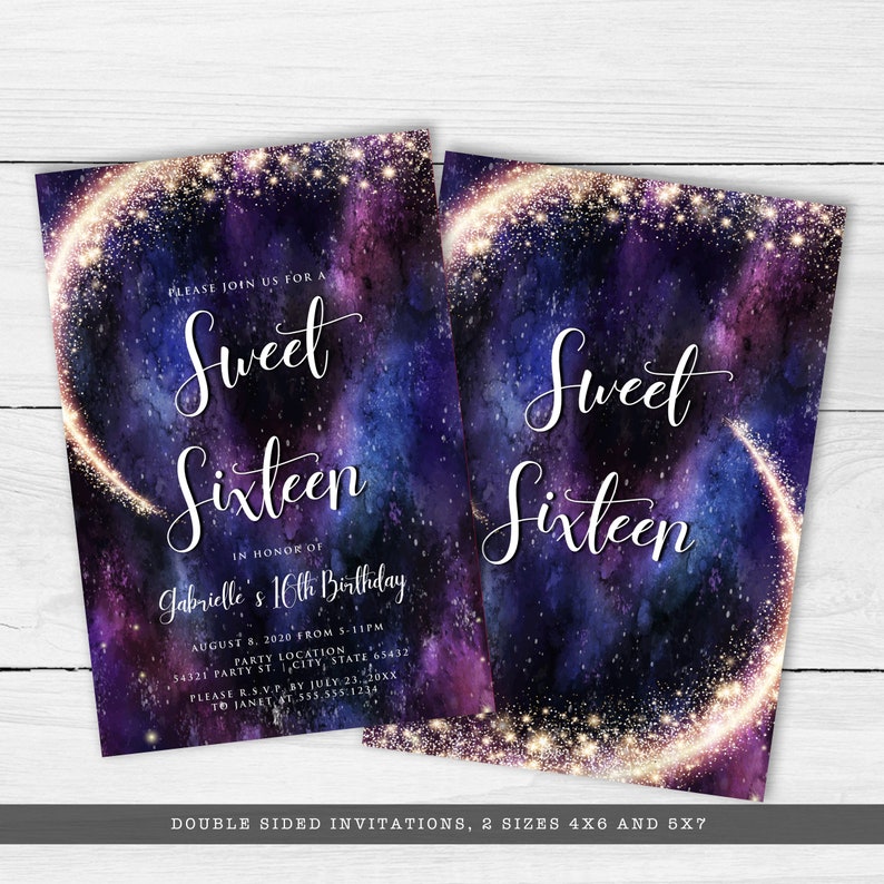 Night under the stars, galaxy-themed invitation. This design is created with a star-filled purple and blue starry sky background with a half-ring of shooting stars training through it. Designed by MetroEvents.