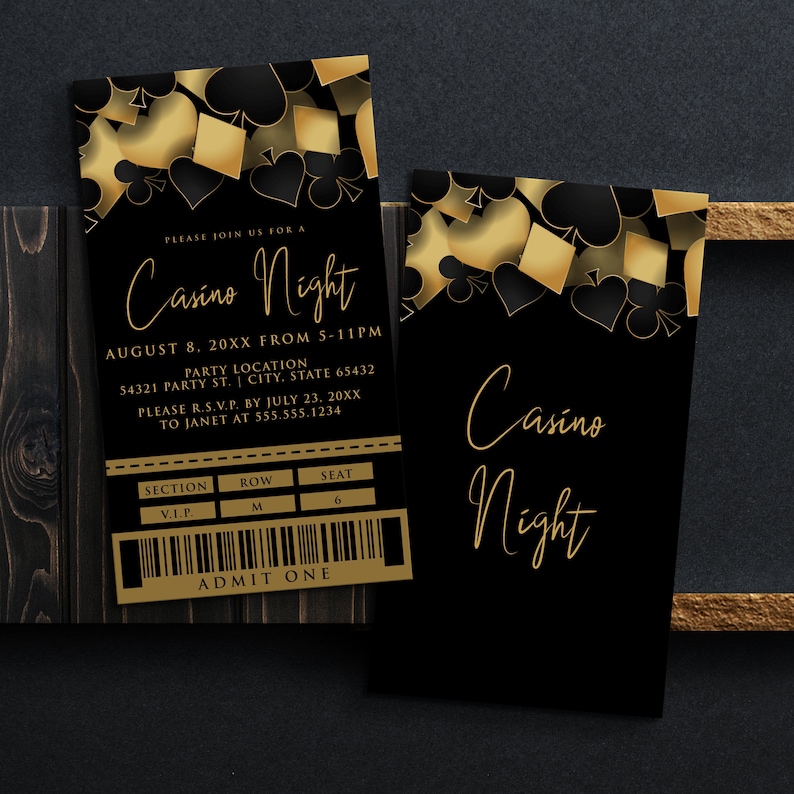 Casino night party ticket invitation designed with hearts, diamonds, clubs, and spades framing the top in red and black. Designed By MetroEvents.