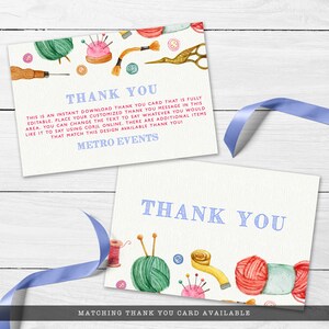 May include: A printable thank you card with a watercolor illustration of sewing supplies, including yarn, thread, needles, and buttons. The text on the card reads "Thank You".
