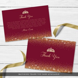 Maroon and Gold Glitter Thank You Cards. Designed with sparkles, faux gold glitter, gold crown with diamond, and burgundy background accents for a fabulous birthday. Designed By MetroEvents