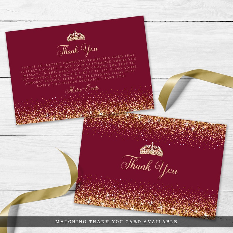 Maroon and Gold Glitter Thank You Cards. Designed with sparkles, faux gold glitter, gold crown with diamond, and burgundy background accents for a fabulous birthday. Designed By MetroEvents