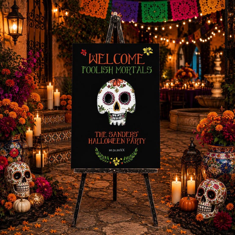 May include: A black rectangular sign on a tripod stand featuring the text WELCOME FOOLISH MORTALS, a central white sugar skull illustration with colorful floral details, and the text THE SANDERS' HALLOWEEN PARTY 10.31.20XX with a green leaf border.
