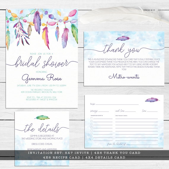 Boho Chic Bridal Shower Invitations Set | Invitation | Thank You Card | Enclosure Card | Recipe Card | Printable | Instant Download Il_570xn