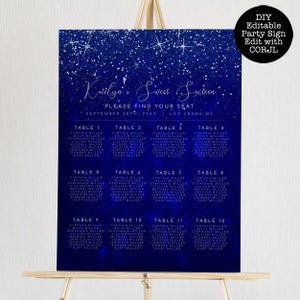 Blue Glitter Custom Seating Chart, Printable Seating Chart Sign, Wedding Seating Chart Poster, Editable Seating Chart, Wedding Seating Sign