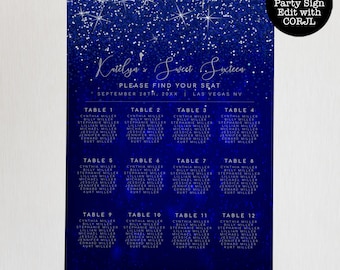 Blue Glitter Custom Seating Chart, Printable Seating Chart Sign, Wedding Seating Chart Poster, Editable Seating Chart, Wedding Seating Sign