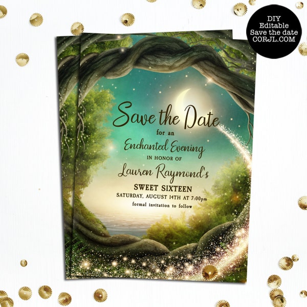 Enchanted Evening Save The Date Card, Magical Save the Date, Printable Save The Date Cards, Instant Download, Editable Card, Corjl Template