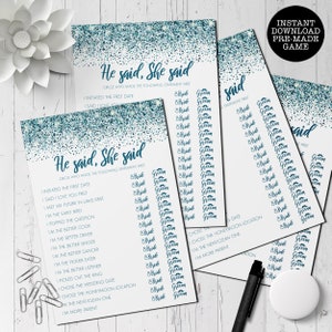 Teal Green Glitter Bridal Shower Game, He Said She Said Game, Who Said It Shower Game, Glitter Games, Instant Download,Bridal Shower Games