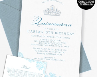 Blue and White Lace Quinceanera Invitations, Quinceañera Invitations, Quinceañera Crown Invitations, Printable Quince Invitations, Faux Lace