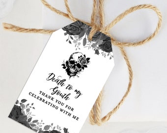 Etiquetas de regalo imprimibles, etiquetas de regalo de calaveras imprimibles "Muerte a mis 20", regalos DIY, descarga instantánea, plantilla Corjl, etiquetas de agradecimiento "Muerte a mi juventud".