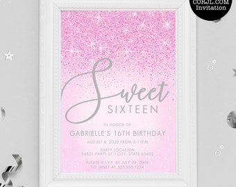 Pink Glitter Sweet Sixteen Invitation, Sweet 16 Birthday Invitations, Glitter Sweet 16 Invite, Corjl Template, Glam Sweet Sixteen Invitation