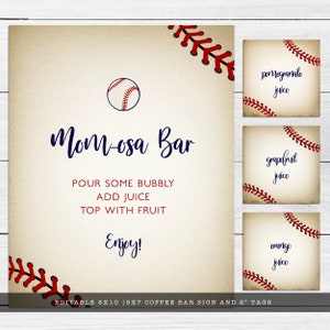 Vintage Baseball Baby Shower Mimosa SIgns and Labels. Created with a vintage texture background accented with baseball laces. Designed by MetroEvents.