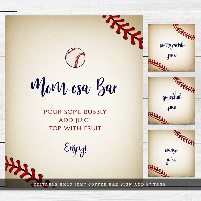 Vintage Baseball Baby Shower Mimosa SIgns and Labels. Created with a vintage texture background accented with baseball laces. Designed by MetroEvents.