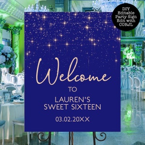 Blue Glitter Welcome Signs, Sweet Sixteen, Printable Party Sign, Instant Download, Sweet Sixteen Sign, Sweet Sixteen Signs, Corjl Template