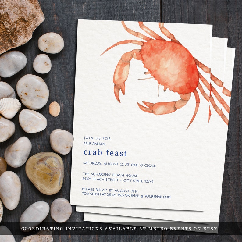 Crab Boil, Seafood Festival Party Invitation. Featuring an orange watercolor crab with a blue striped back with a watercolor texture. Designed by MetroEvents.