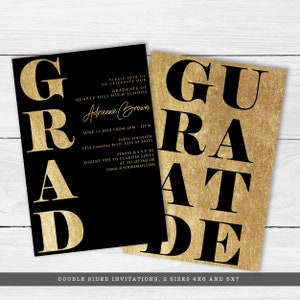 May include: Black and gold graduation announcement cards. One card features the word "GRAD" in large gold letters, with event details. The other card says "GRADUATE" in large black letters on a gold textured background. The cards are double-sided.