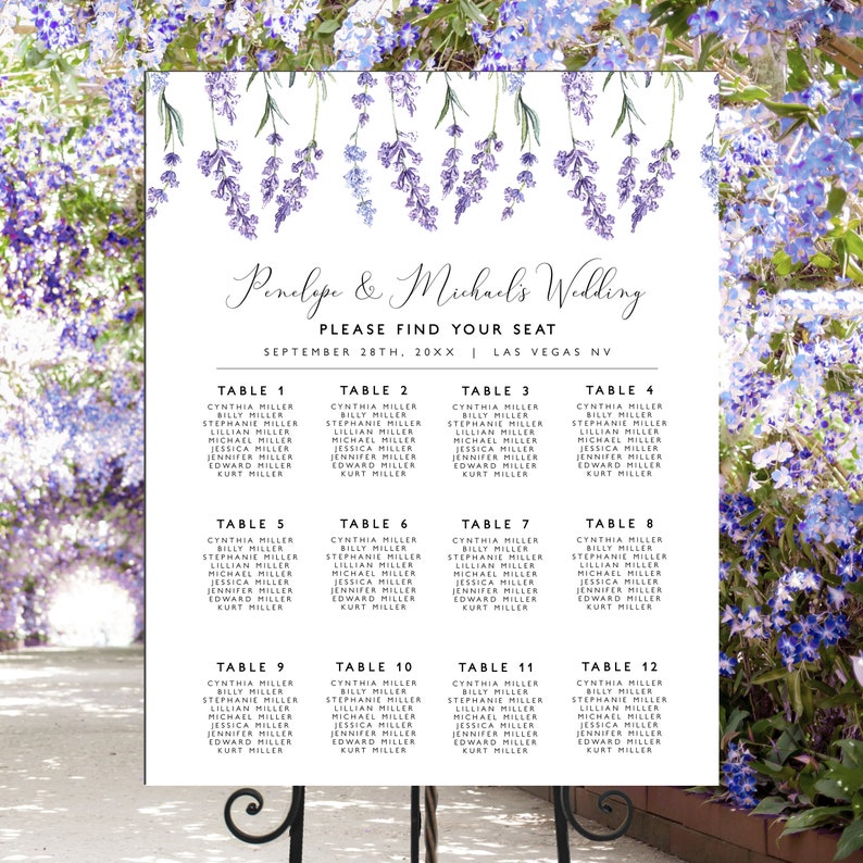 May include: A wedding seating chart with a lavender floral design. The names of the bride and groom are at the top, followed by the words "Please Find Your Seat" and the wedding date and location. The names are organized by table number.
