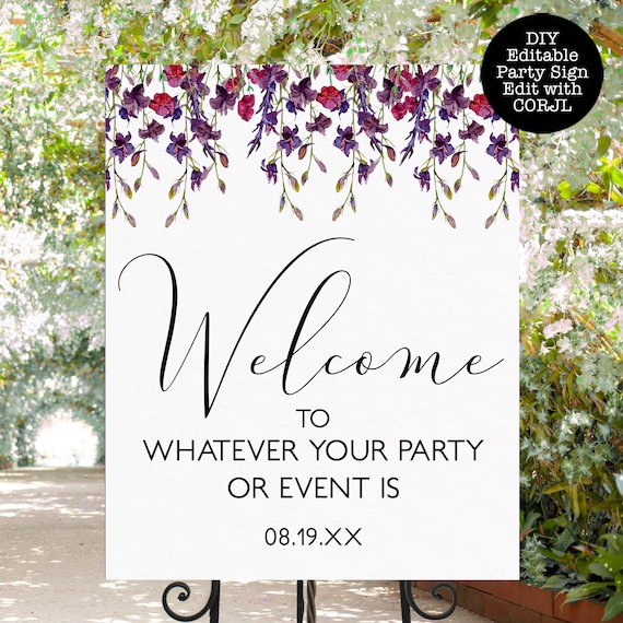 Printable Purple Floral Welcome Signs, Floral Party Sign, Editable Party Sign, Instant Download, Bridal Shower Sign, Purple Wildflower Signs Il_570xn