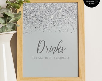 Silver Glitter Drink Sign, Wedding Sign, Bridal Shower Sign, Printable Signs, Instant Download, Glitter Drink Sign, Bar Sign, Cocktail Sign