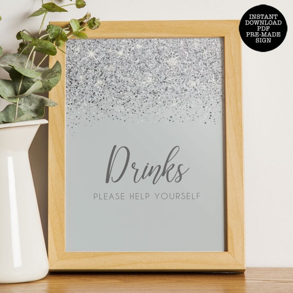 Silver Glitter Drink Sign, Wedding Sign, Bridal Shower Sign, Printable Signs, Instant Download, Glitter Drink Sign, Bar Sign, Cocktail Sign Il_570xn