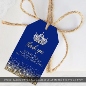 Royal Blue and Gold Quinceanera favor tag. A stunning royal blue design created with faux glitter on a blue background and crown accent. Designed By MetroEvents.