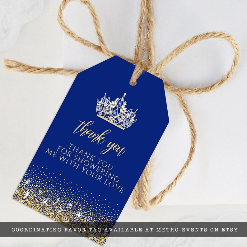 Royal Blue and Gold Quinceanera favor tag. A stunning royal blue design created with faux glitter on a blue background and crown accent. Designed By MetroEvents.