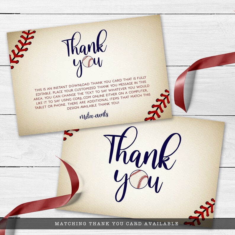Vintage Baseball Baby Shower thank you cards. Created with a vintage texture background accented with baseball laces. Designed by MetroEvents.