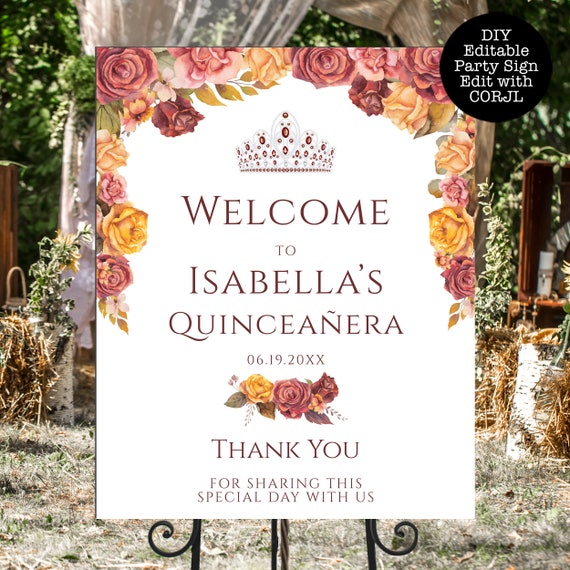 Quinceanera Sign, Burgundy Rose Quinceanera Sign, Printable