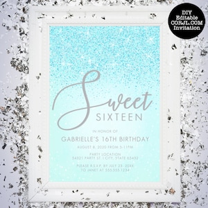 All the glam and sparkle needed for any sweet 16 party, this sweet 16 birthday invitation is created with sparkling faux aqua glitter on a coordinating background.