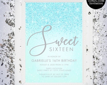 Aqua Glitter Sweet Sixteen Party Invitation, Sweet 16 Birthday Invitation, Printable Sweet 16 Invitation, Corjl Invitation, Printable Invite