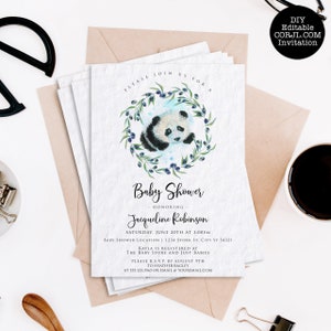 May include: Baby shower invitation featuring a watercolor panda illustration surrounded by a green and blue wreath. The invitation includes event details and the text "DIY Editable CORJL.COM Invitation."